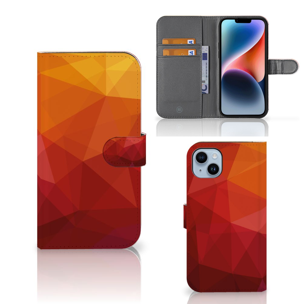 Book Case voor iPhone 15 Plus Polygon Red met abstracte polygonen in rood en oranje kleuren 🍂.