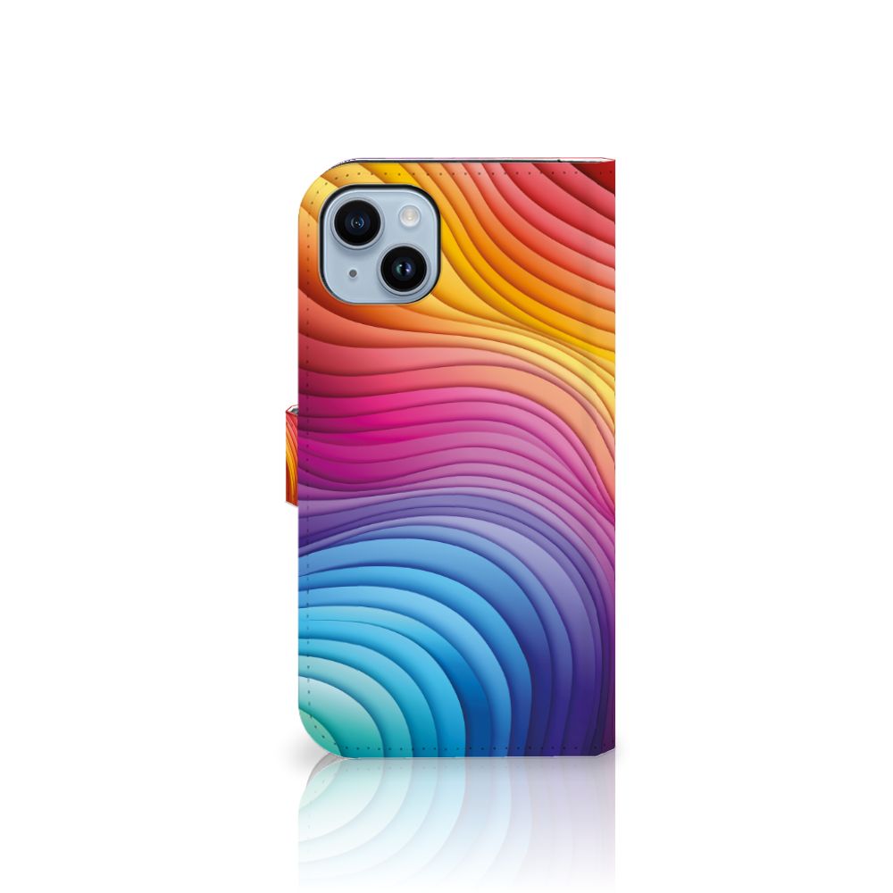 Book Case voor iPhone 15 Plus Regenboog met kleurrijk design in golfpatroon 🌈
