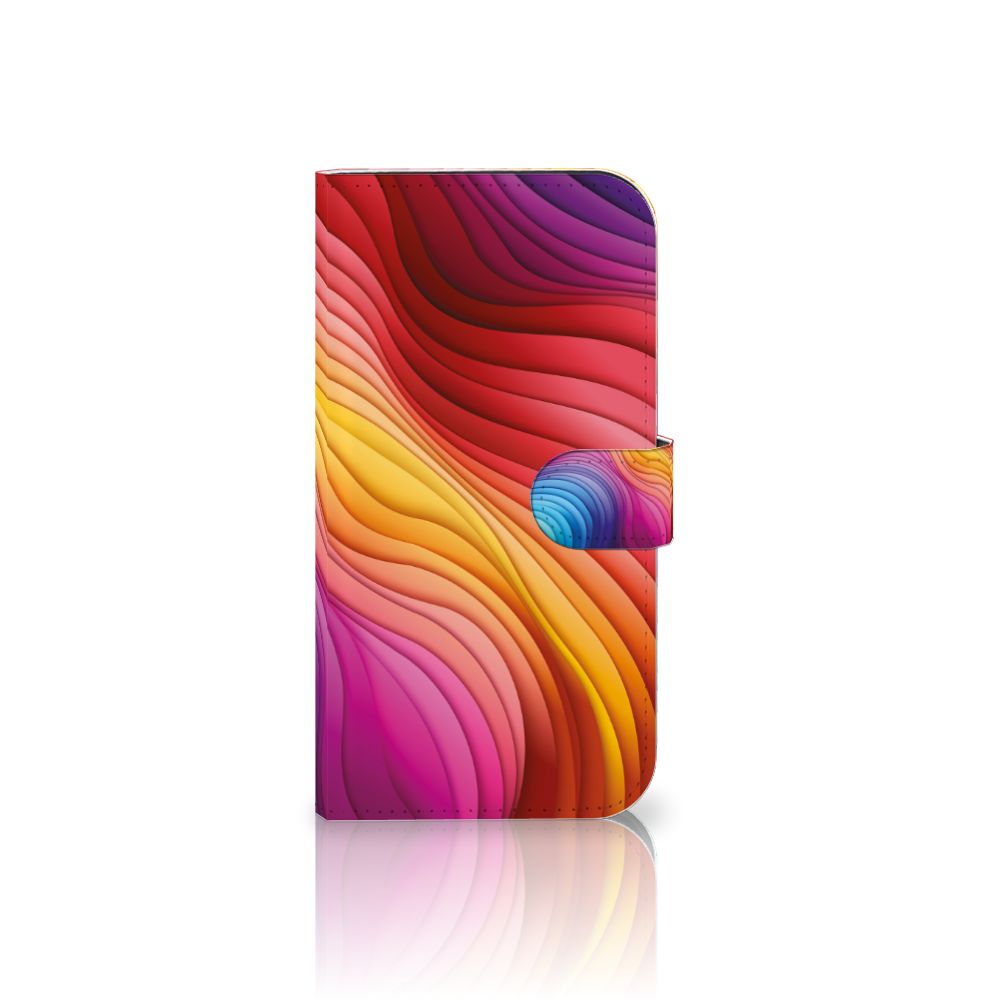 Book Case voor iPhone 15 Plus Regenboog met een levendig en kleurrijk golfontwerp 🌈.
