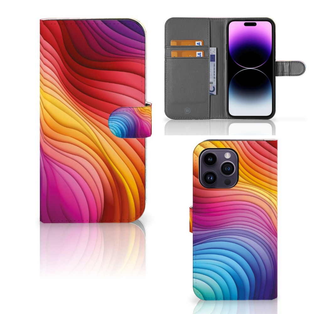 Book Case voor iPhone 15 Pro Max Regenboog met kleurrijk golfpatroon 🌈