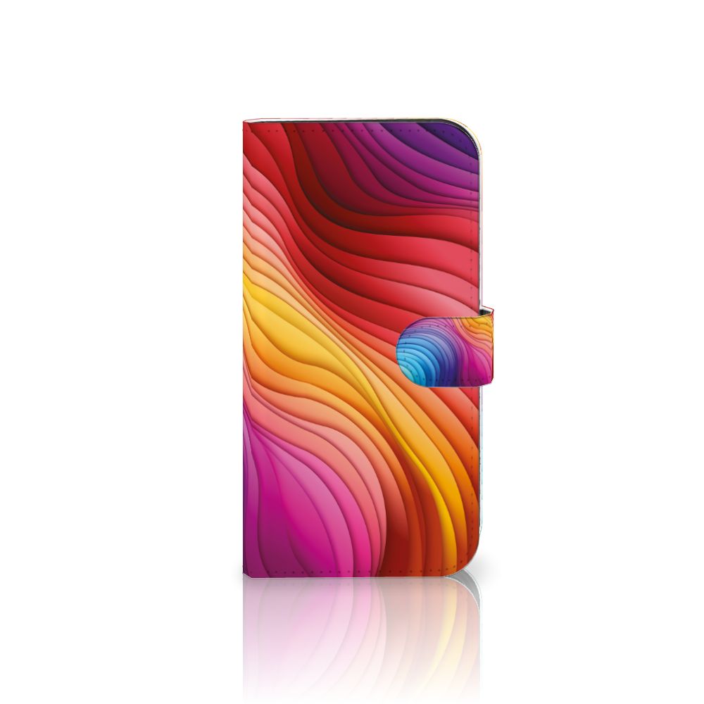 Book Case voor iPhone 15 Pro Max Regenboog met kleurrijk golfdesign in roze, rood en geel 🌈.