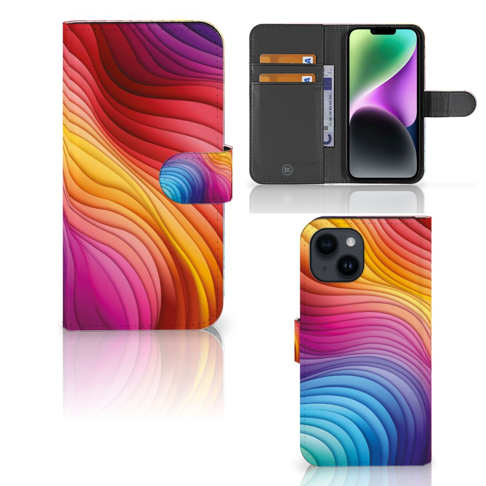 Book Case voor iPhone 15 Regenboog met kleurrijk gestroomd design 🌈