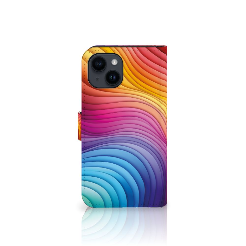 Book Case voor iPhone 15 Regenboog met kleurrijk ontwerp in vloeiende lijnen 🌈