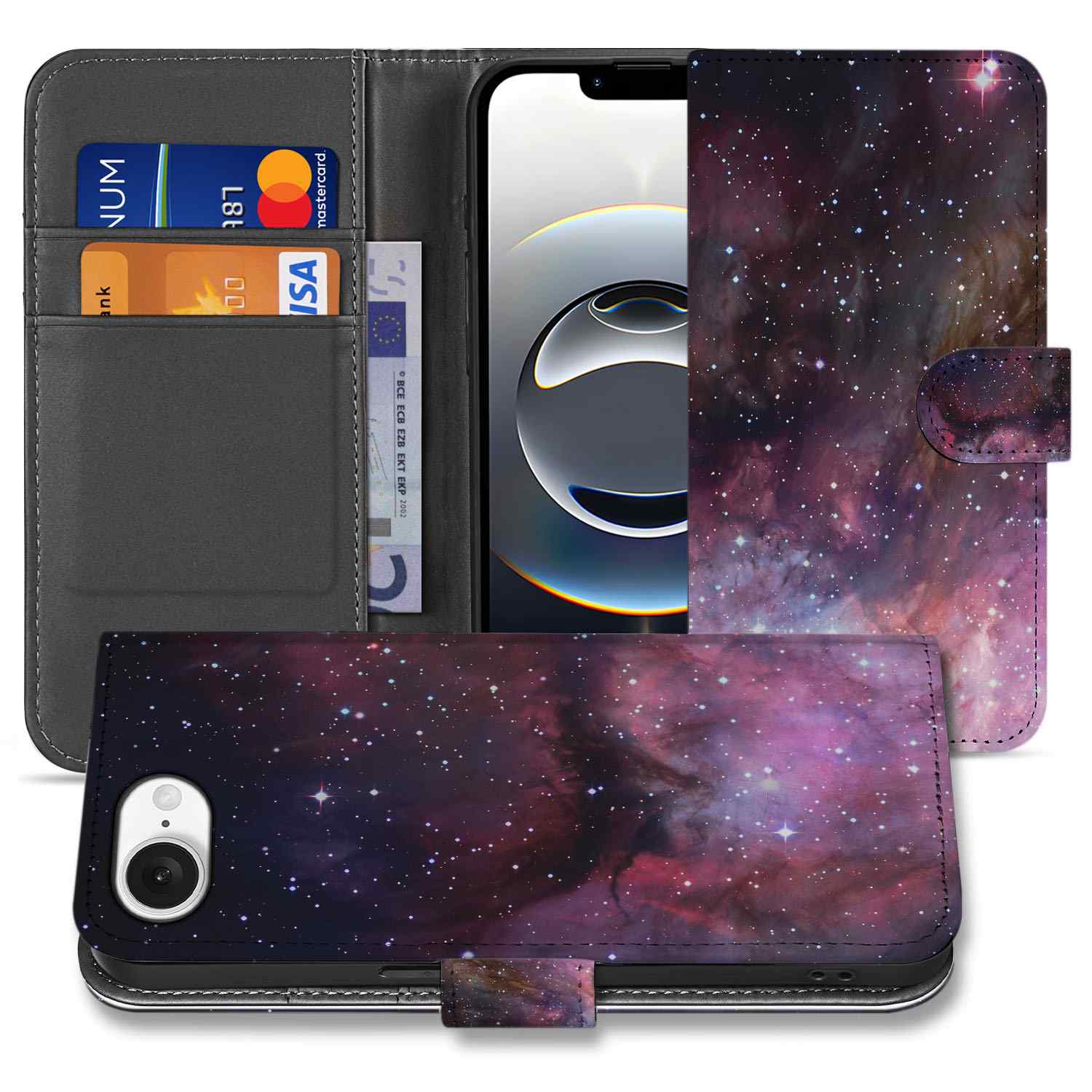 iPhone 16e Galaxy Book Case Galaxy design voorkant achterkant