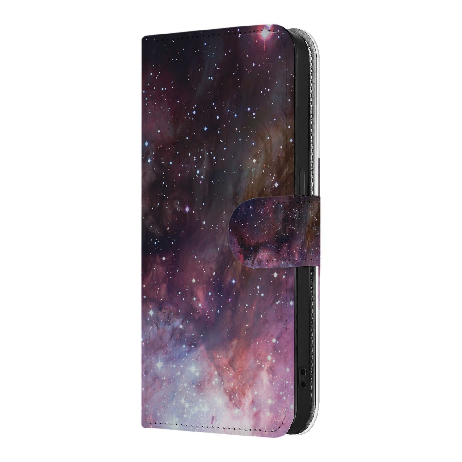 Book Case voor iPhone 16e Galaxy heelal design zijaanzicht