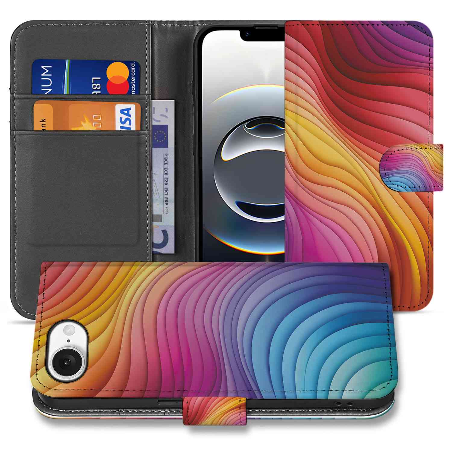iPhone 16e Book Case Regenboog design voorkant zijkant