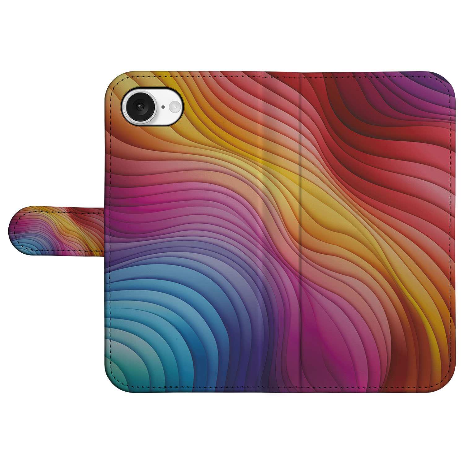 iPhone 16e Book Case Regenboog design kleurige golfpatronen aanzicht
