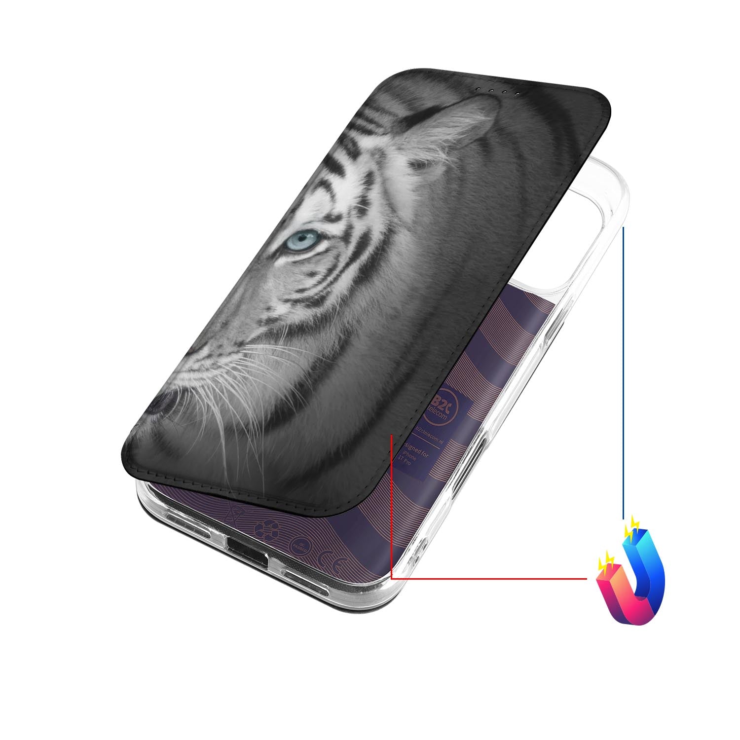 Book Cover Apple iPhone 17 Pro Tijger tijgerprint kunstleer aanzicht