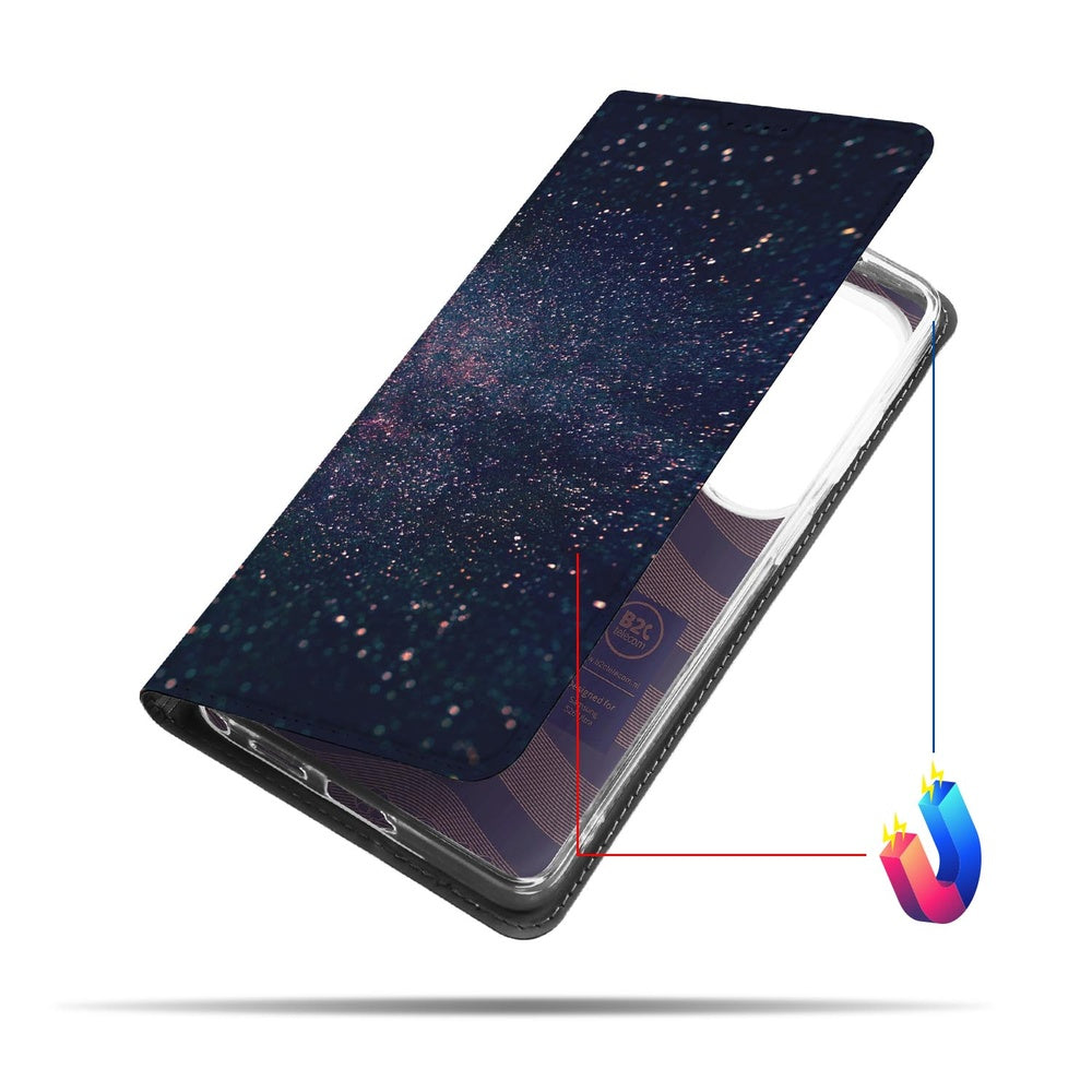Samsung Galaxy S26 Ultra Book Cover Stars design met glinsterende paars en blauwe accenten vooraanzicht.