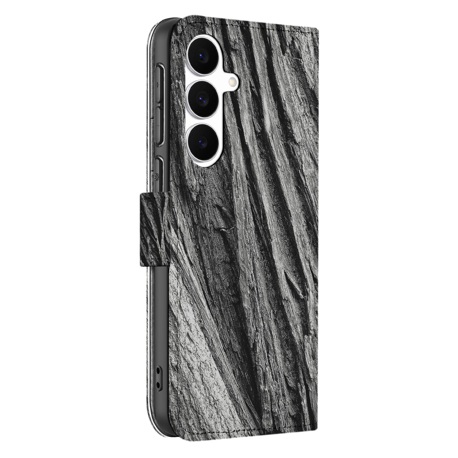 Book Style Case Samsung Galaxy S25 FE Boomschors Grijs zijkant detailboomschors zwartwit