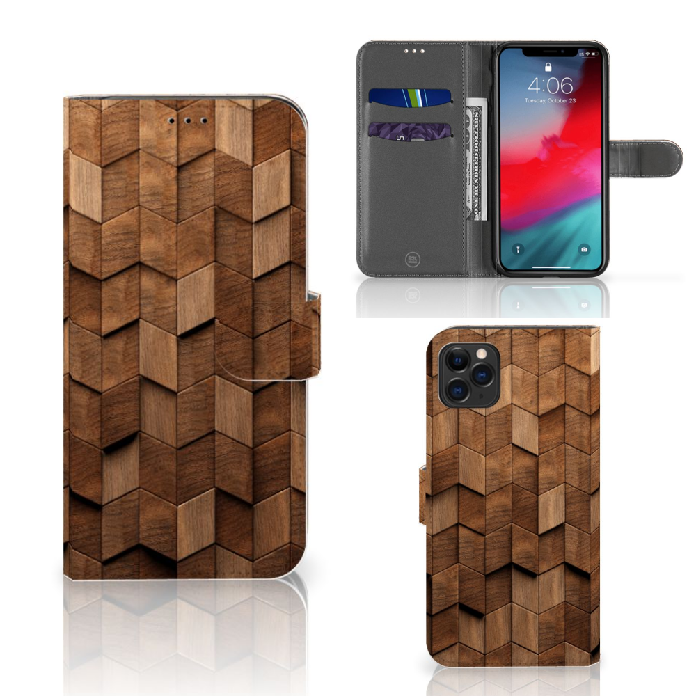 Book Style Case voor Apple iPhone 11 Pro Max Wooden Cubes met unieke houten design en praktische binnenzijde.