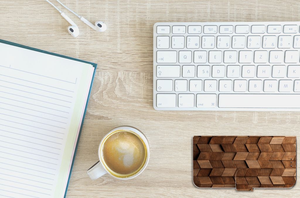 Book Style Case voor Apple iPhone 11 Pro Max Wooden Cubes met koffie en notitieboekje op bureau.