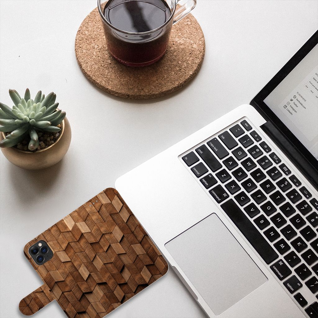 Apple iPhone 11 Pro Book Style Case voor Apple iPhone 11 Pro Wooden Cubes bovenaanzicht