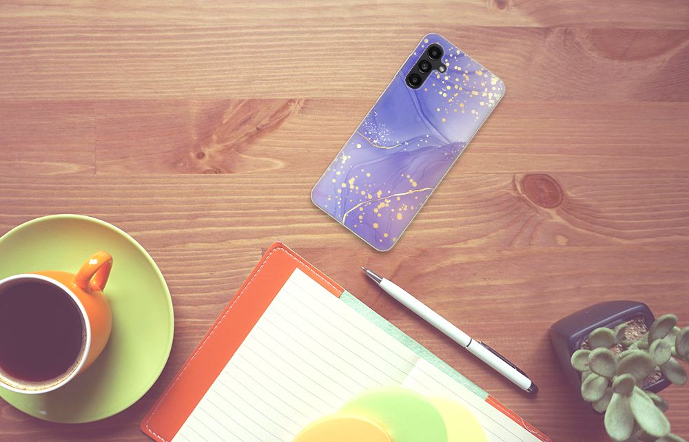 Book Style Case voor Apple iPhone 11 Wooden Cubes op een bureau met een kopje koffie en notitieboekje.