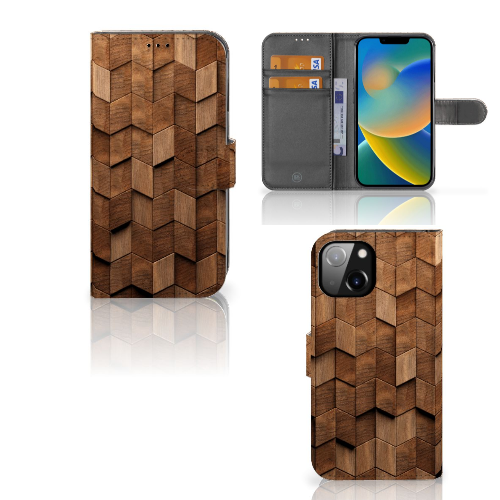 Book Style Case voor Apple iPhone 14 Wooden Cubes met een uniek houten kubusdesign