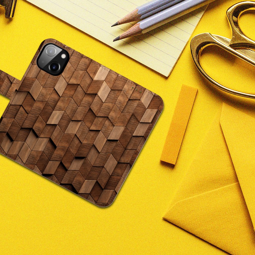 Book Style Case voor Apple iPhone 14 Wooden Cubes met een uniek houteffect design.