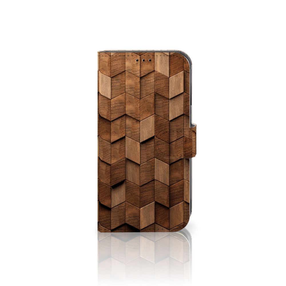 Book Style Case voor Apple iPhone 14 Wooden Cubes met uniek houten design in een hexagonaal patroon.