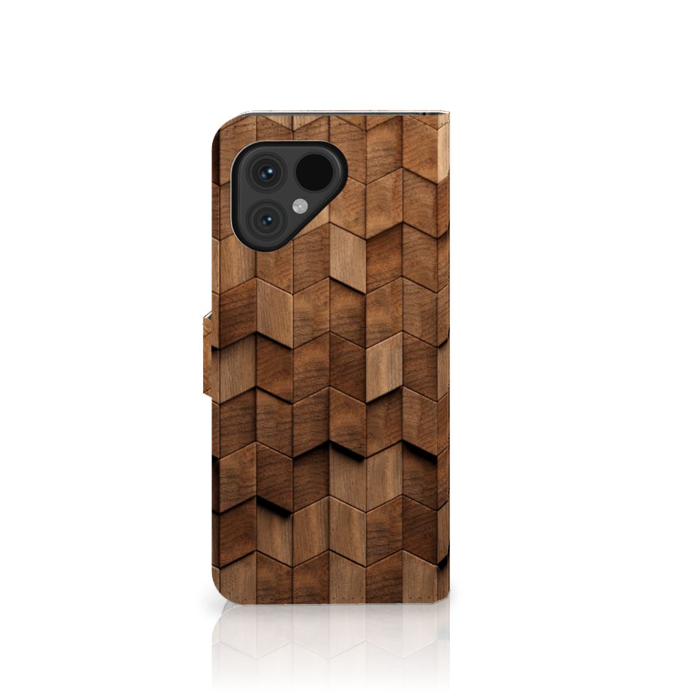 Fairphone 5 Book Style Case voor Fairphone 5 Wooden Cubes houten design aanzicht