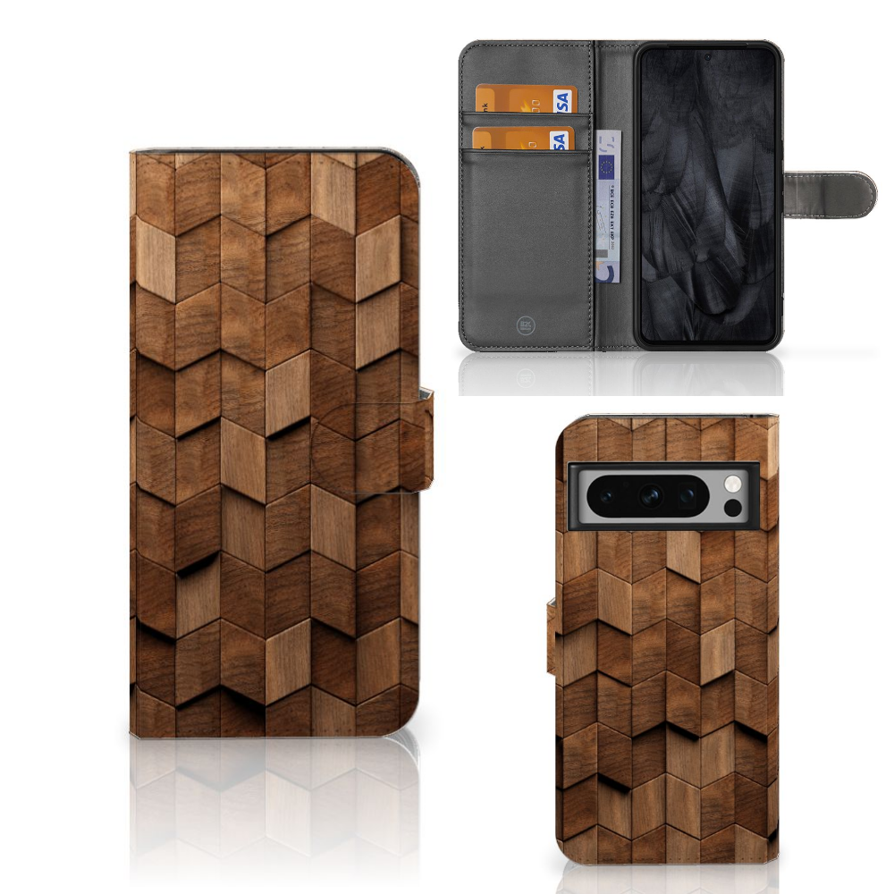 Google Pixel 8 Pro Book Style Case voor Google Pixel 8 Pro Wooden Cubes voor en achterkant