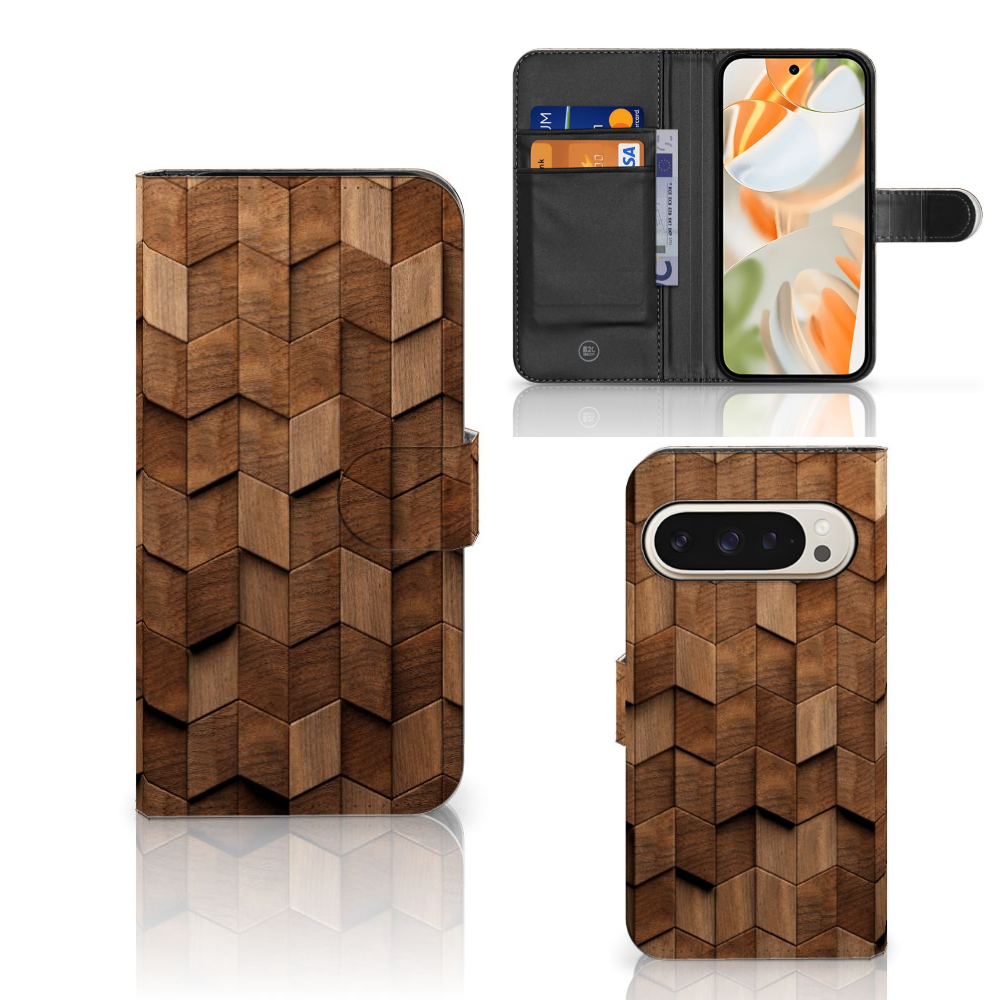 Google Pixel 9 | 9 Pro Book Style Case voor Google Pixel 9 | 9 Pro Wooden Cubes aanzicht