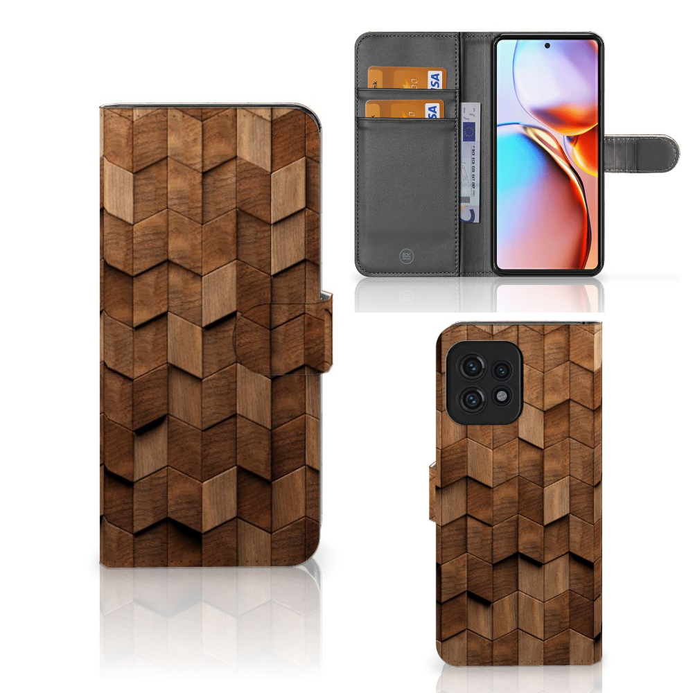 Book Style Case voor Motorola Edge 40 Pro Wooden Cubes met houten blokken design voor bescherming en duurzaamheid.