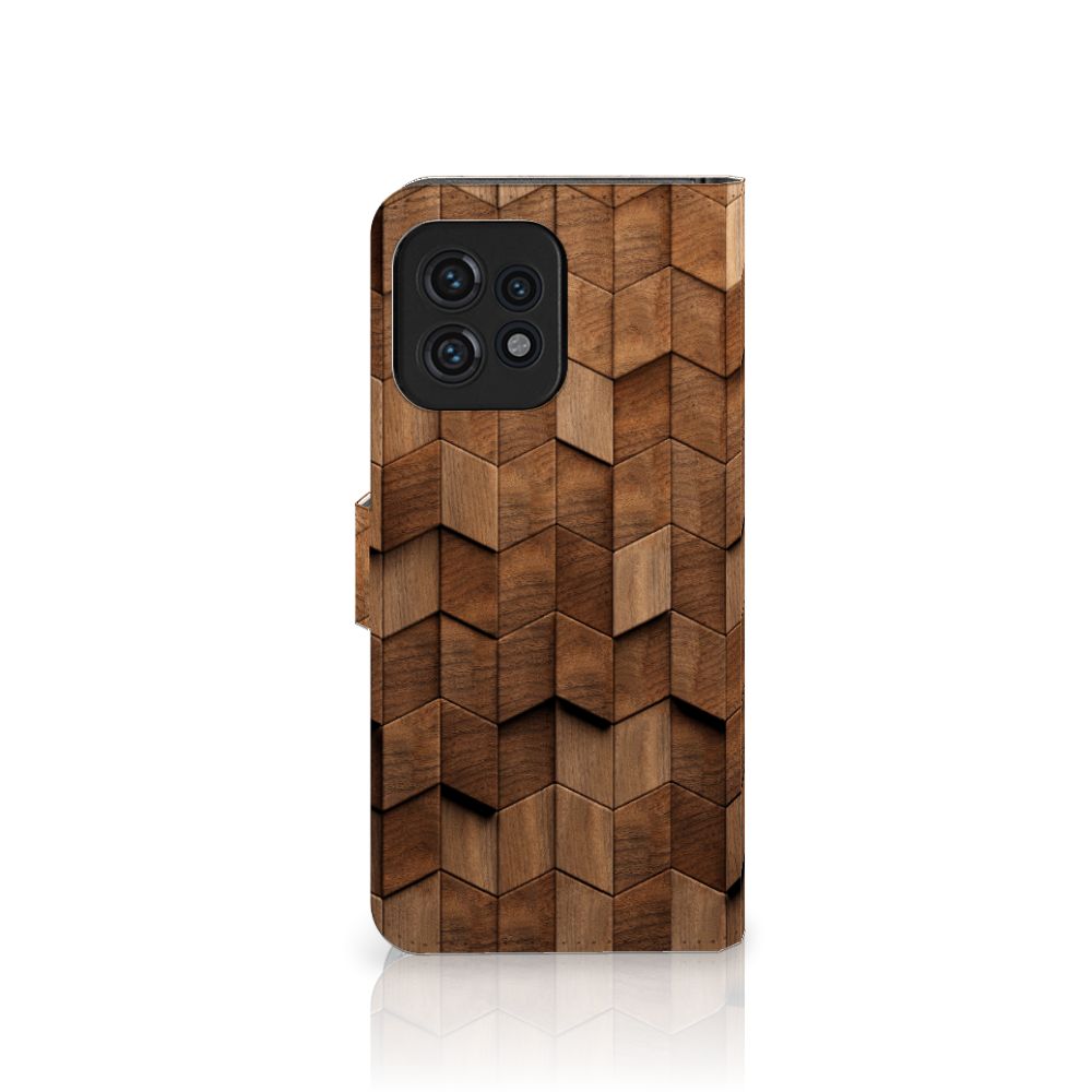 Book Style Case voor Motorola Edge 40 Pro Wooden Cubes met een uniek houten design 🌲, stijlvol en duurzaam.