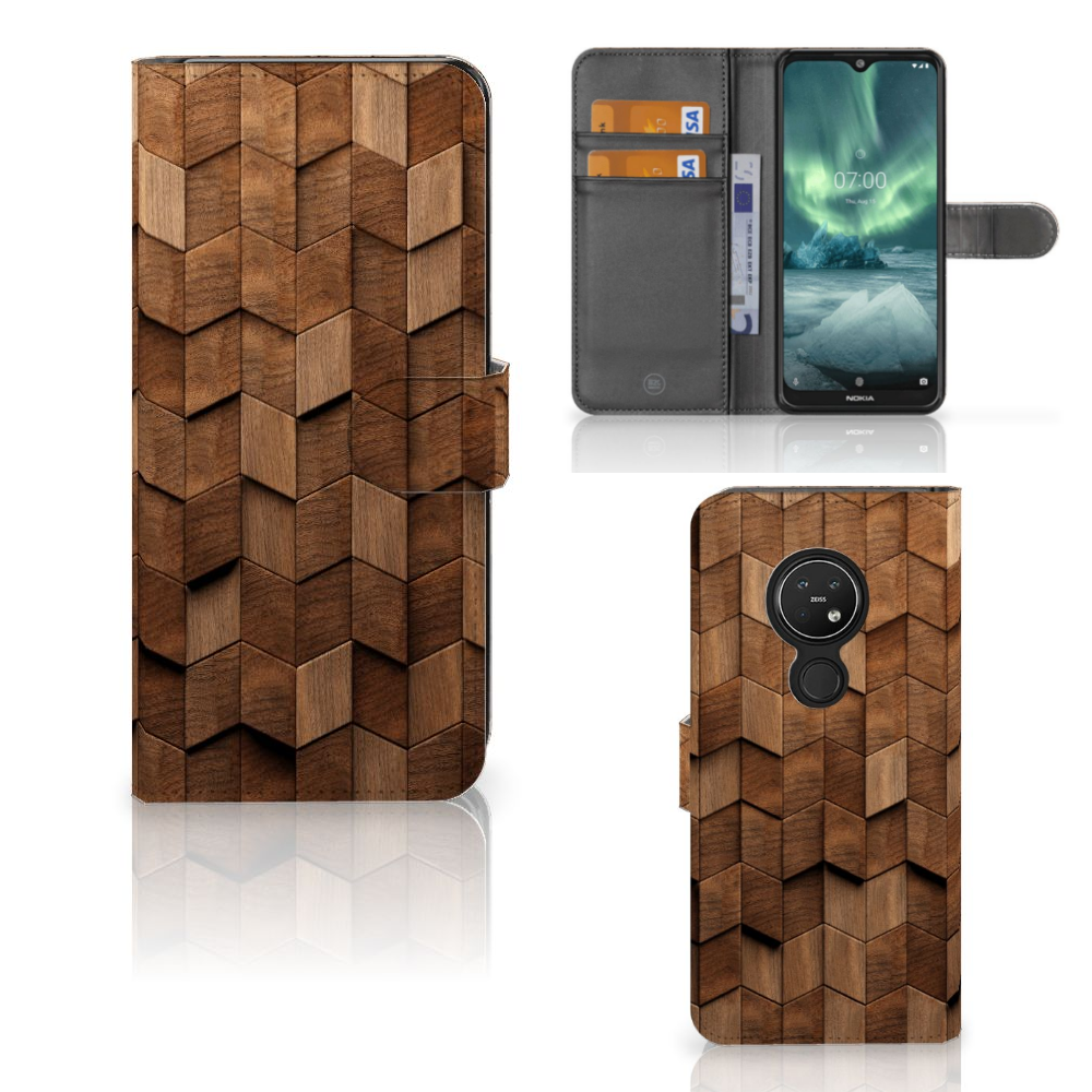 Nokia 7.2 Nokia 6.2 Book Style Case voor Nokia 7.2 | Nokia 6.2 Wooden Cubes voorkant zijkant binnenkant