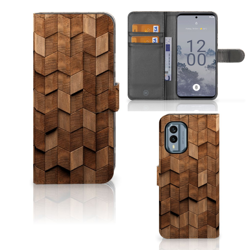 Nokia X30 Book Style Case voor Nokia X30 Wooden Cubes aanzicht
