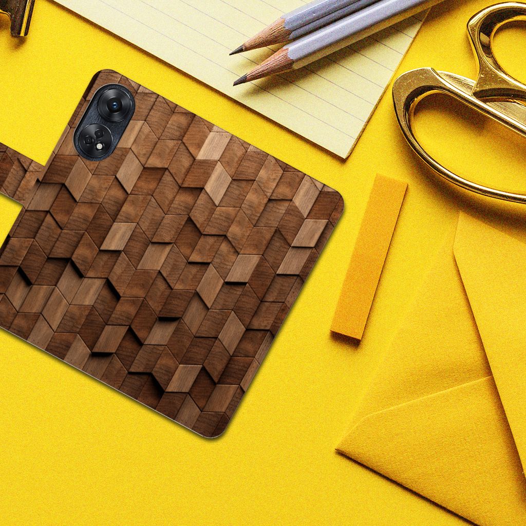 OPPO Reno8 T 4G Book Style Case voor OPPO Reno8 T 4G Wooden Cubes boven aanzicht