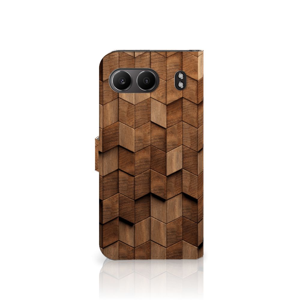 OnePlus Nord 4 Book Style Case voor OnePlus Nord 4 Wooden Cubes houtprint design achteraanzicht