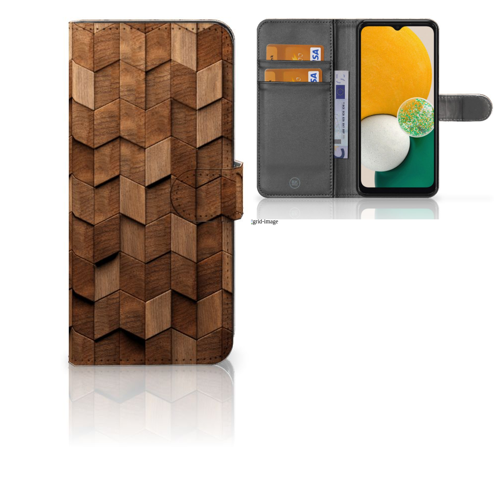 Book Style Case voor Samsung Galaxy A14 4G Wooden Cubes met houtprint ontwerp en vakken voor kaarten.