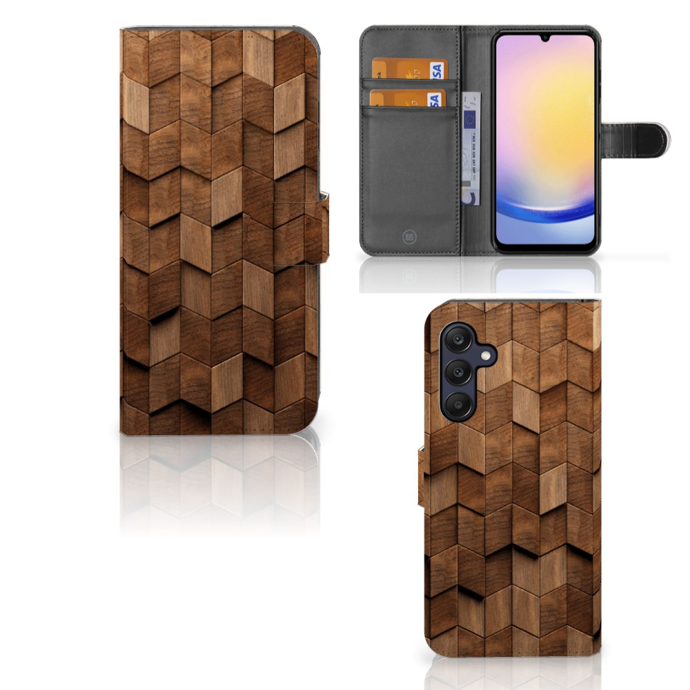 Samsung Galaxy A25 Book Style Case voor Samsung Galaxy A25 Wooden Cubes achterkant voorkant