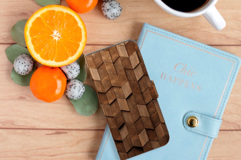 Samsung Galaxy A25 Book Style Case voor Samsung Galaxy A25 Wooden Cubes bovenaanzicht
