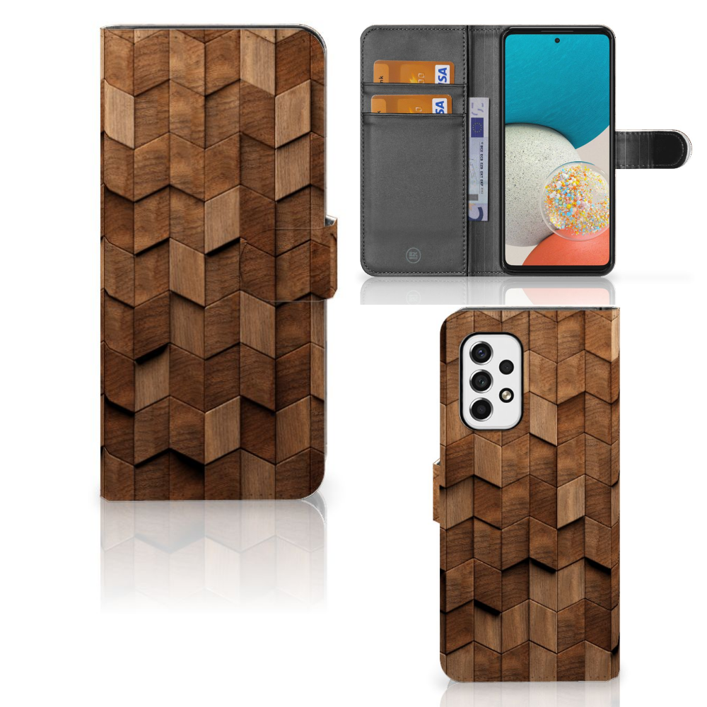 Samsung Galaxy A53 Book Style Case Wooden Cubes voorkant achterkant binnenkant