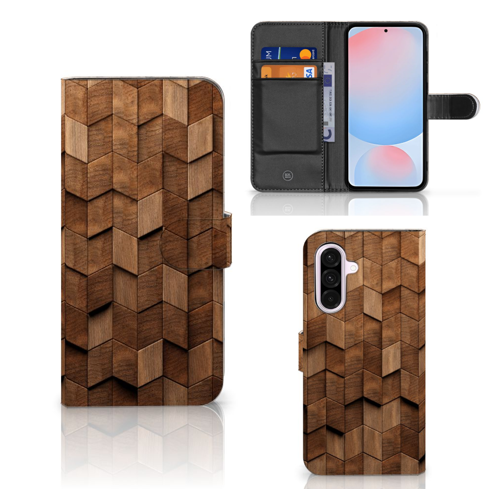 Samsung Galaxy A56 Book Style Case Wooden Cubes voorkant zijkant binnenkant