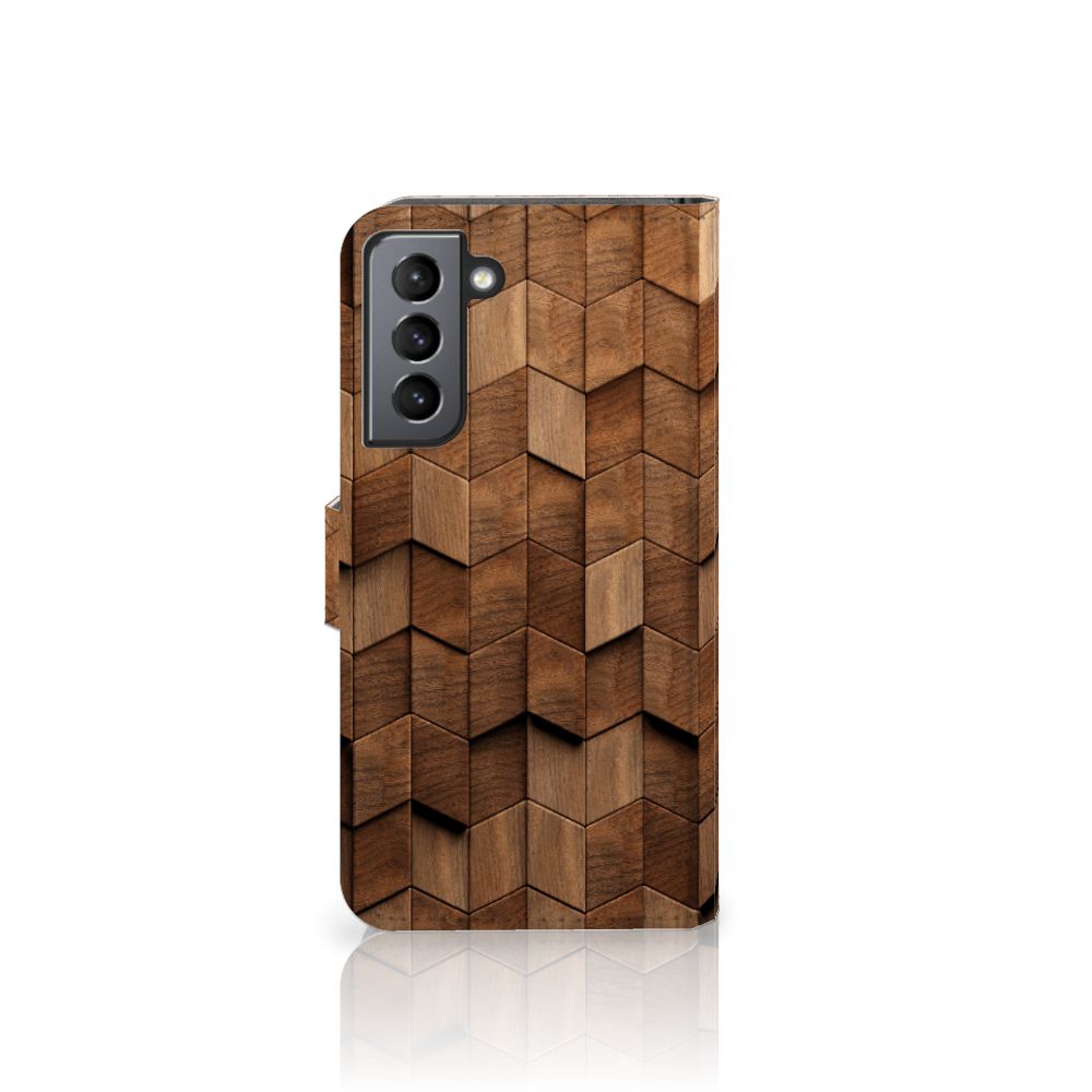 Samsung Galaxy S21 FE Book Style Case Wooden Cubes voorkant