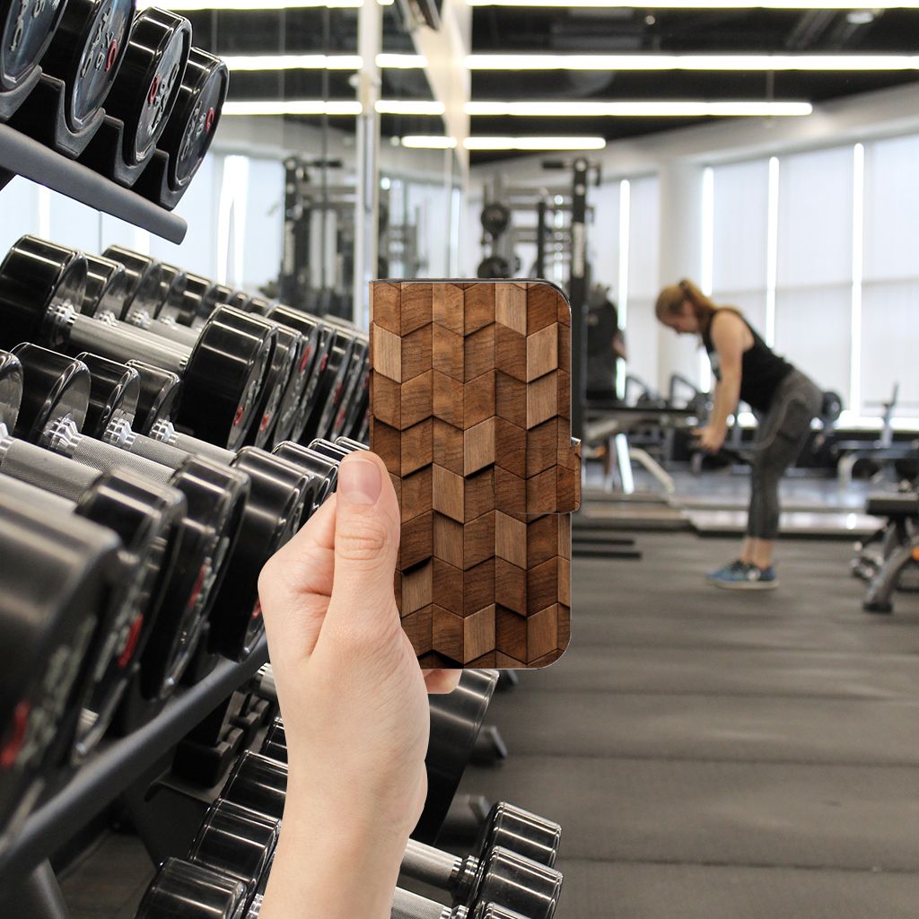 Samsung Galaxy S24 Book Style Case voor Samsung Galaxy S24 Wooden Cubes hand gym