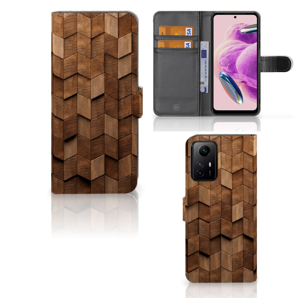 Xiaomi Redmi Note 12S Book Style Case Wooden Cubes voorkant achterkant