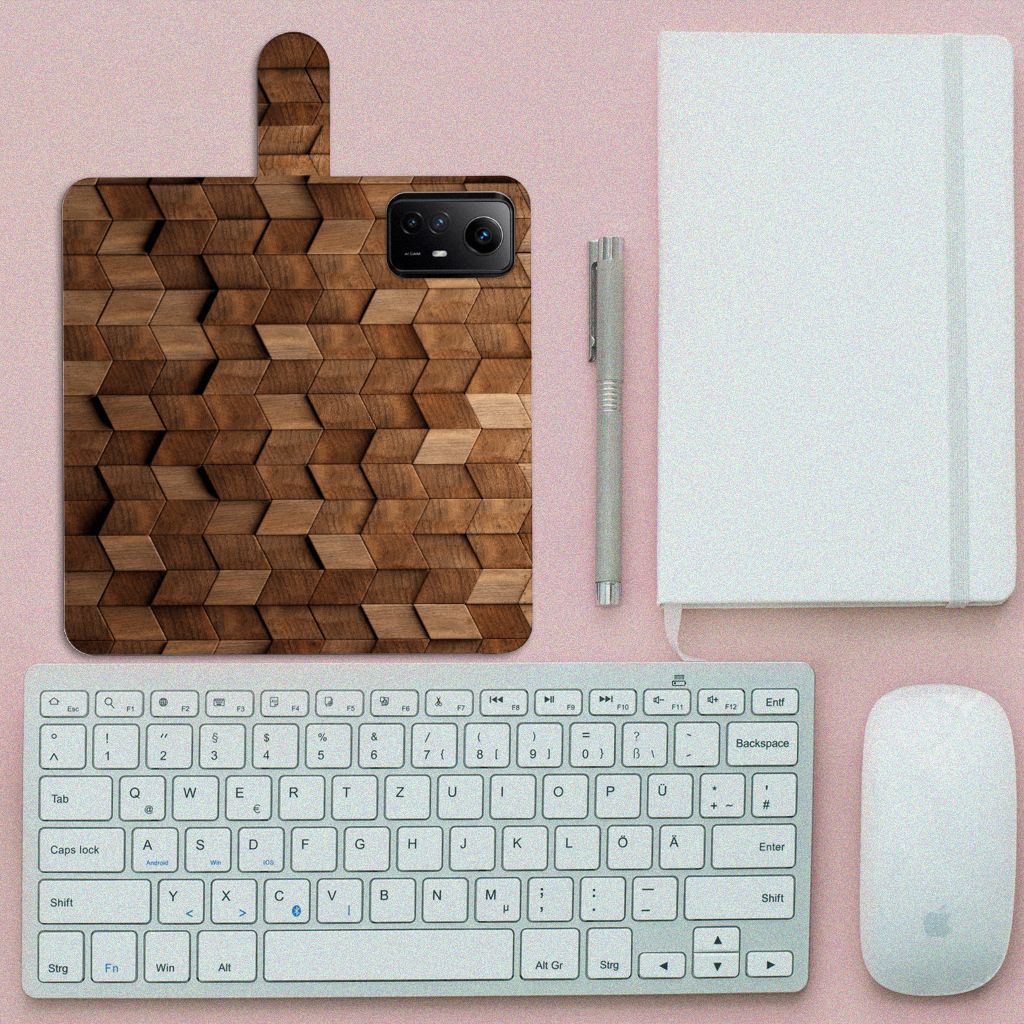 Xiaomi Redmi Note 12S Book Style Case Wooden Cubes bovenaanzicht