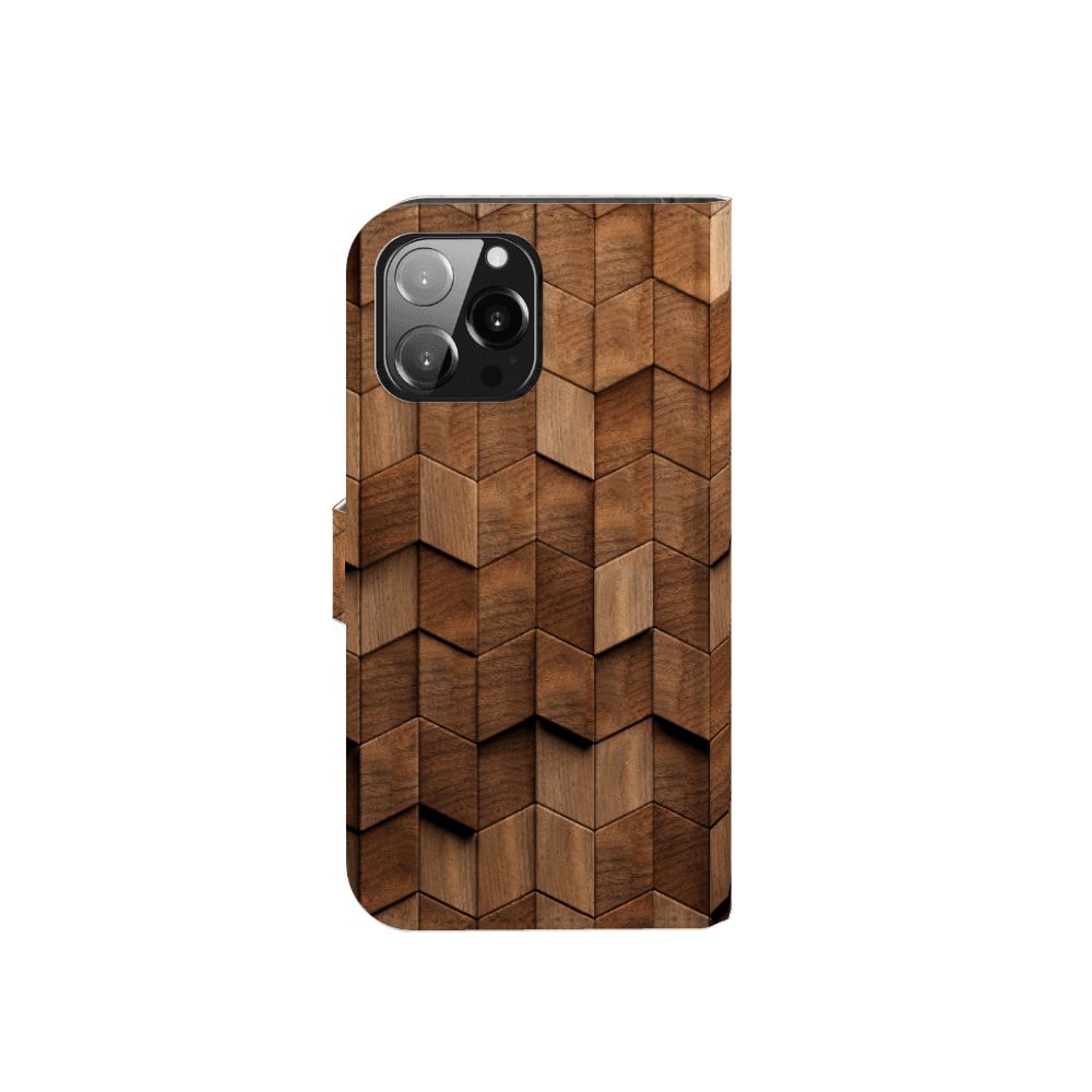 Book Style Case voor iPhone 13 Pro Max Wooden Cubes met uniek houten blokken ontwerp.