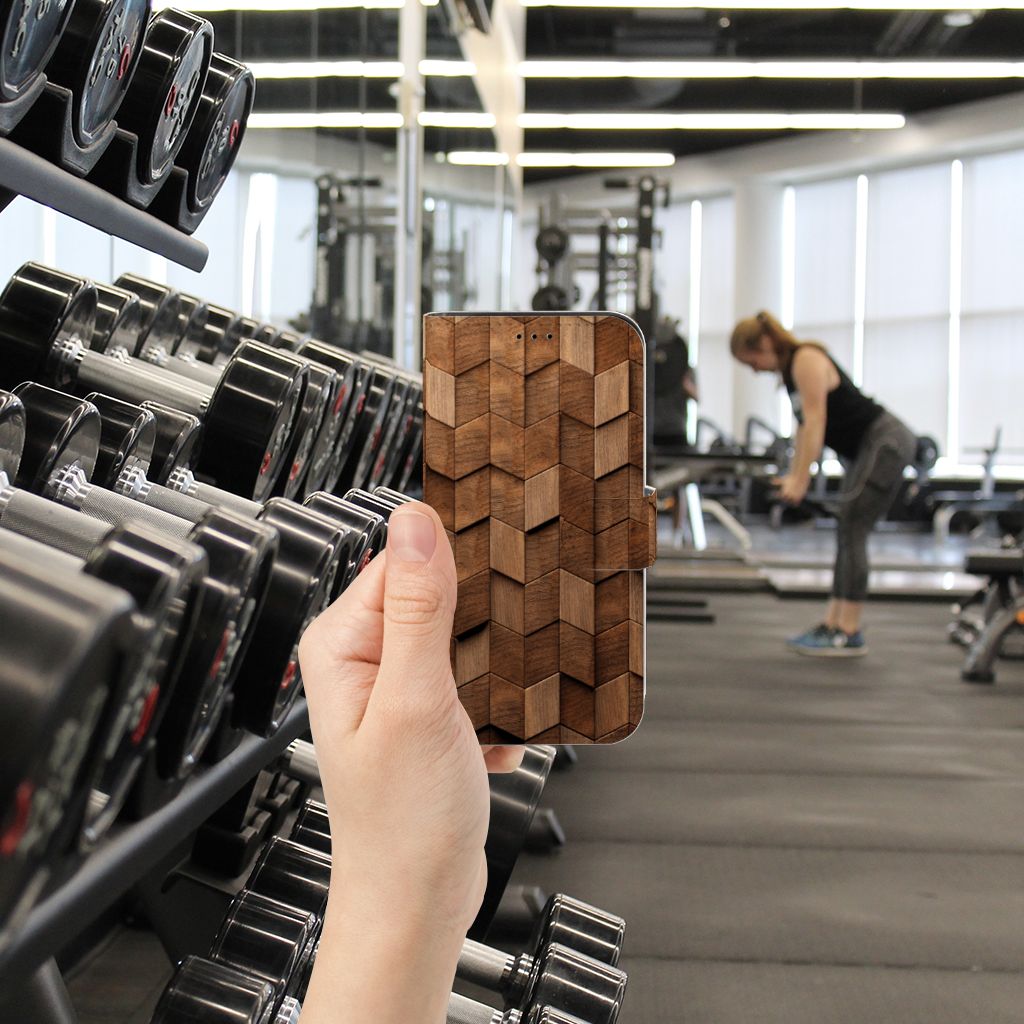 Book Style Case voor iPhone 13 Pro Wooden Cubes hand gym binnenkant gewichttraining