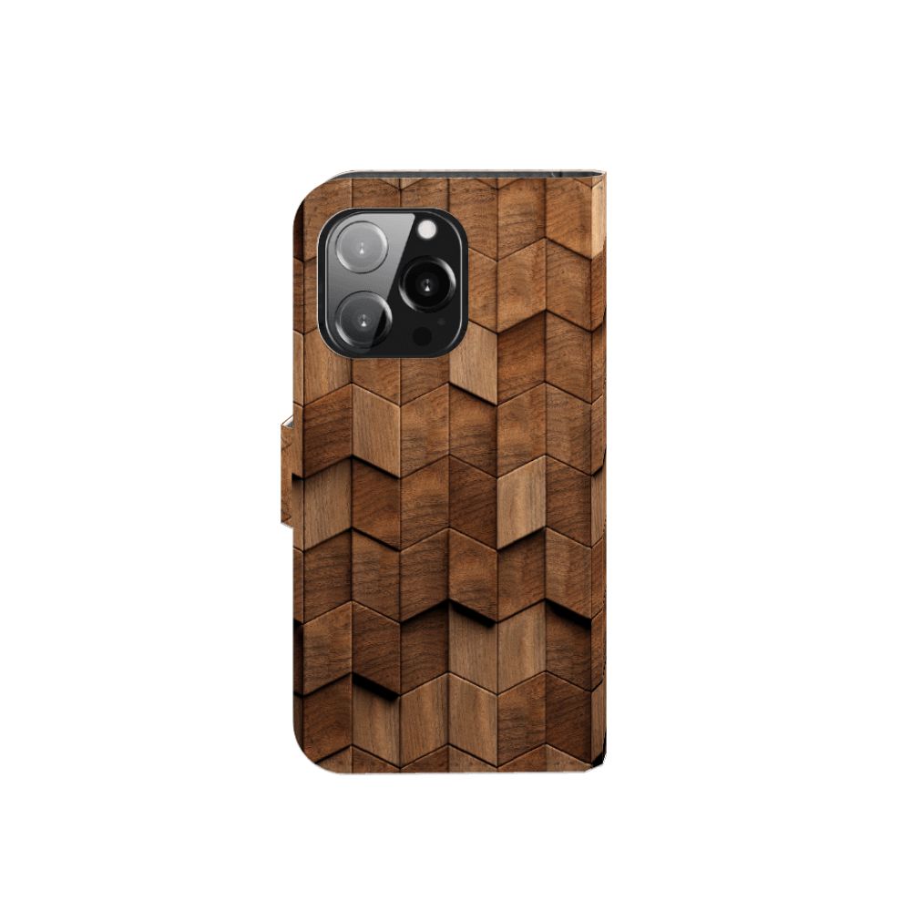 Book Style Case voor iPhone 13 Pro Wooden Cubes design houten cubes aanzicht