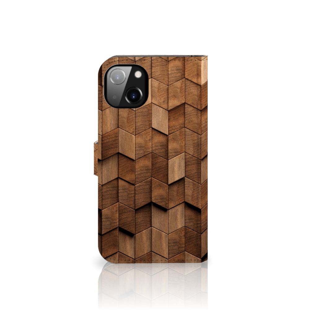 Book Style Case voor iPhone 14 Plus Wooden Cubes met een uniek houten cubes design 🌳.