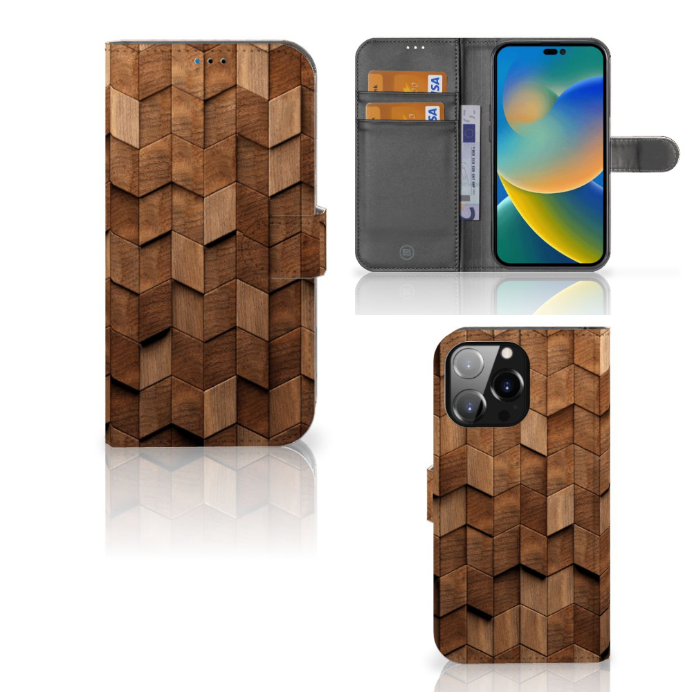 Book Style Case voor iPhone 14 Pro Max Wooden Cubes met uniek houten ontwerp 🌳