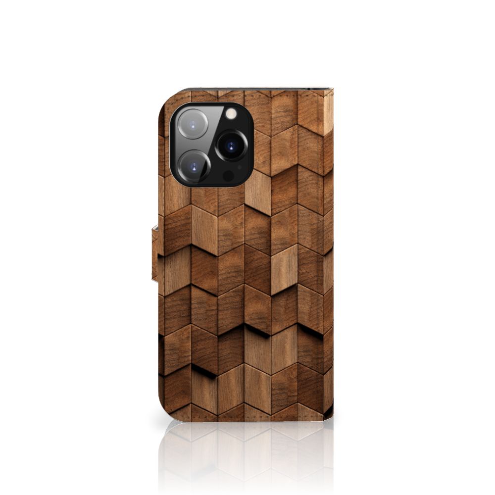 Book Style Case voor iPhone 14 Pro Max Wooden Cubes met een uniek houten design.
