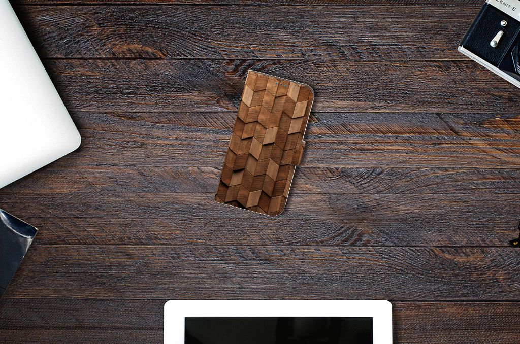 Book Style Case voor iPhone 14 Pro Wooden Cubes design houten cubus aanzicht