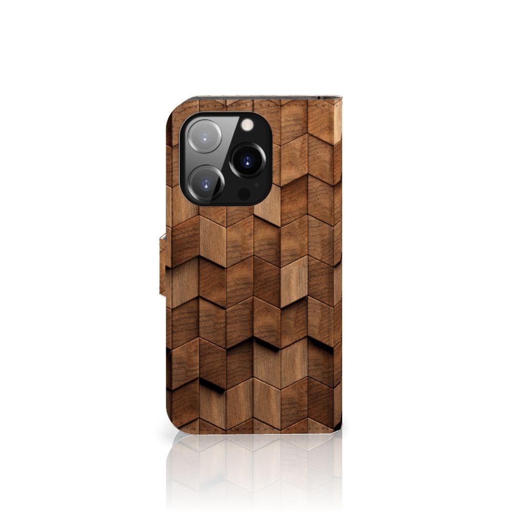 iPhone 14 Pro Book Style Case voor iPhone 14 Pro Wooden Cubes design vooraanzicht