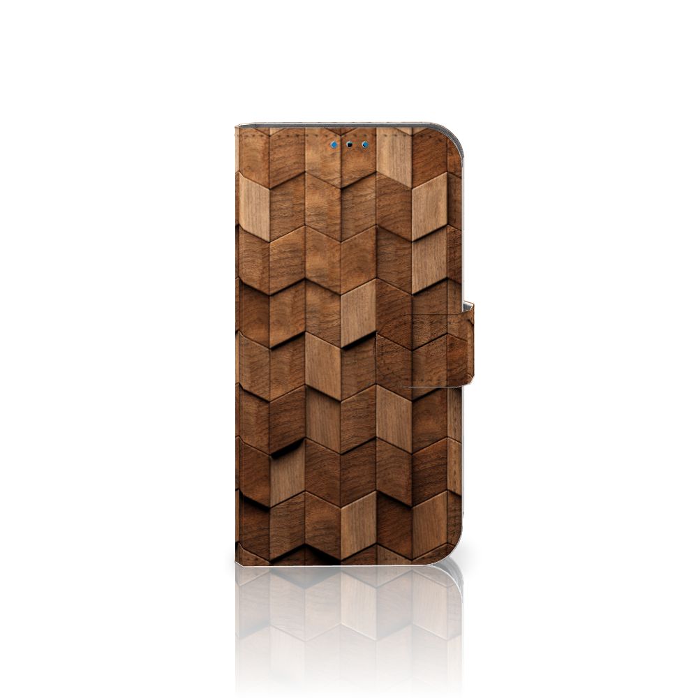 Book Style Case voor iPhone 14 Pro Wooden Cubes hoesje houten print vooraan