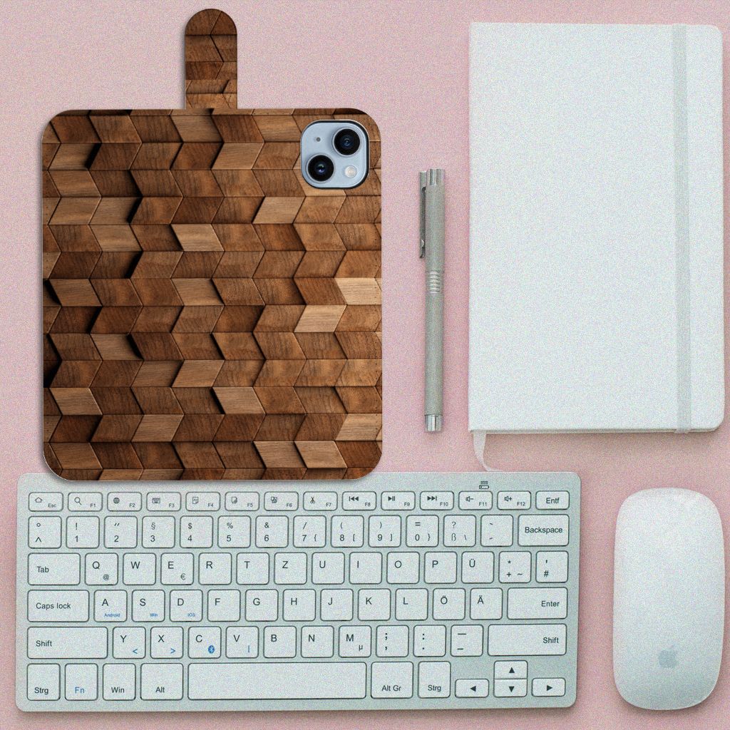 Book Style Case voor iPhone 15 Plus Wooden Cubes met houtprint en hexagonale patronen, mode-accessoire voor je telefoon.
