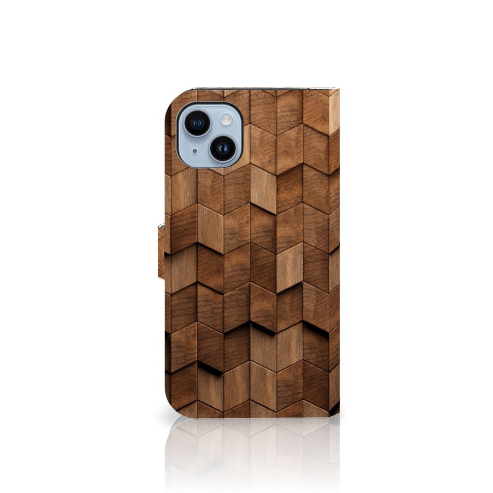 Book Style Case voor iPhone 15 Plus Wooden Cubes – uniek design met houten kubussen🌲